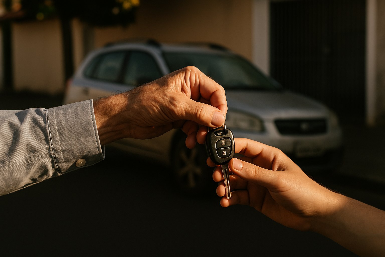 Mão entrega a chave do carro a outra pessoa, em luz quente de fim de tarde.